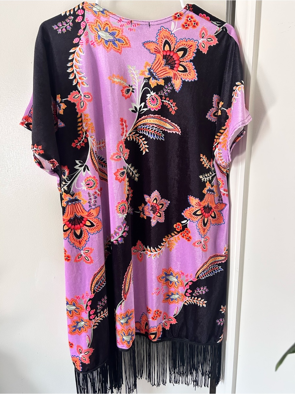 Nasty Gal Black & Lavender Floral Fringe Kimono